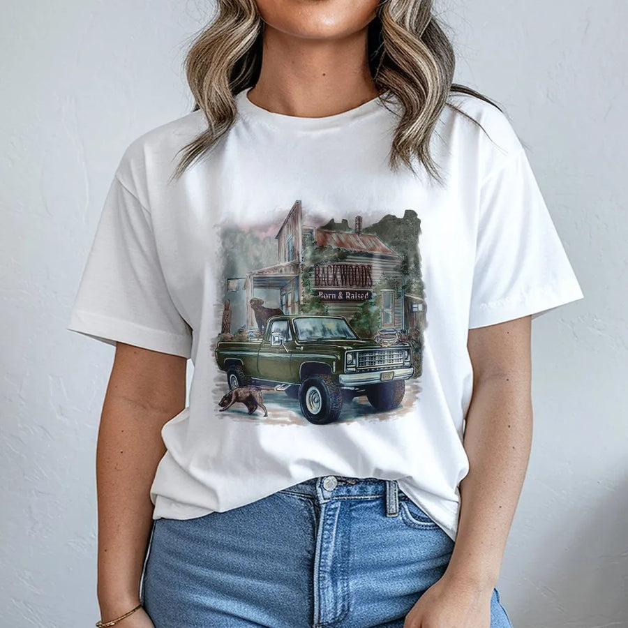 Backwoods Born & Raised T-Shirt | Rustic Country Vintage Truck Graphic | Comfort Colors Cotton | Southern Lifestyle Gift for Men & Women