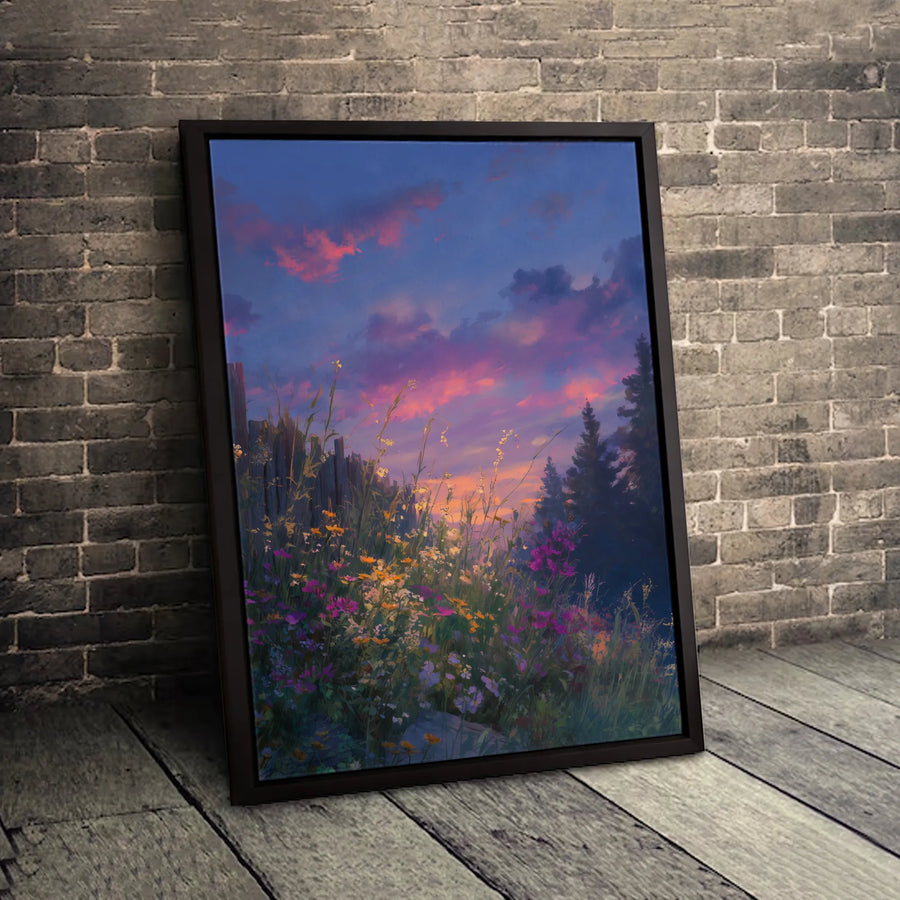 Wildflower Meadow Canvas Wall Art | Impressionist Sunset Forest Landscape | Premium Gallery Wrapped Print | Nature Inspired Home Decor Gift