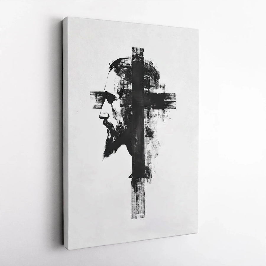 Jesus Christ Canvas Wall Art | Abstract Brushstroke Cross Portrait | Premium Gallery Wrap Canvas | Spiritual Home Decor Gift