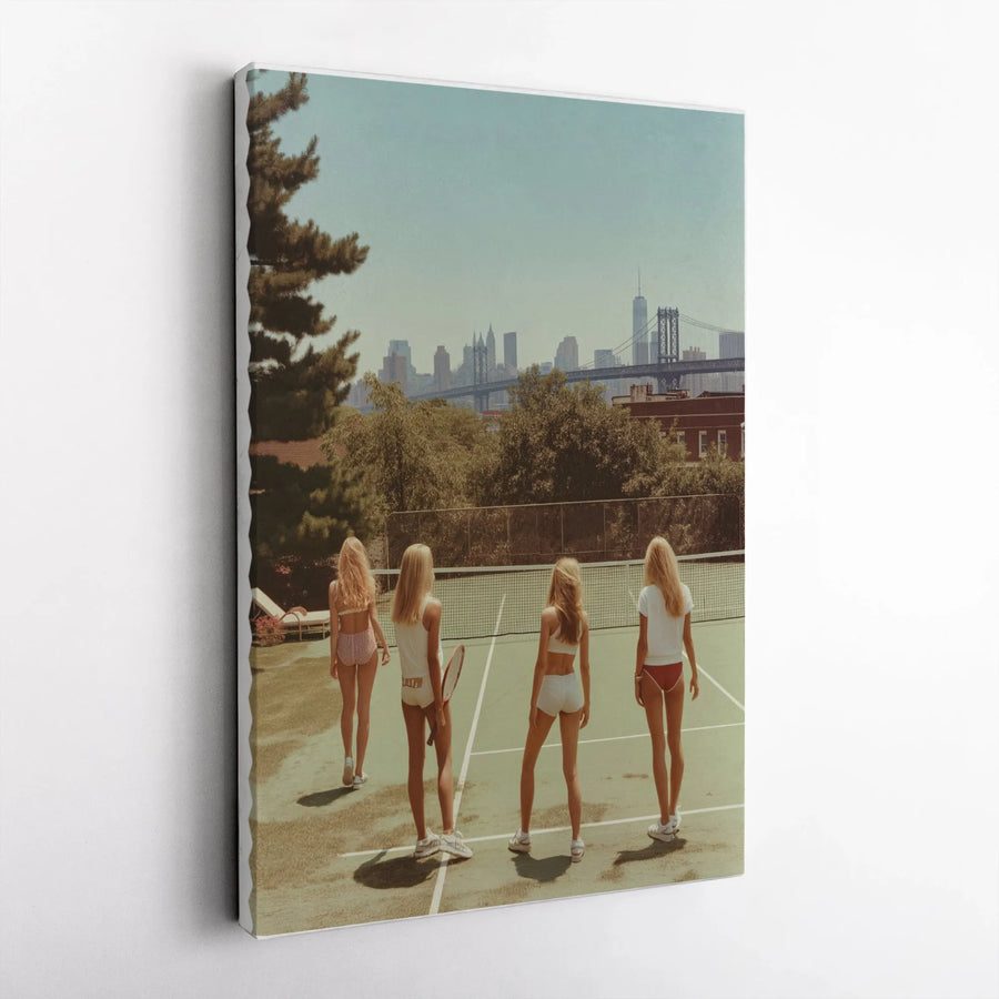 Vintage Tennis Court Canvas Print | NYC Skyline Aesthetic Wall Art | 1.25 Inch Premium Gallery Wrap | Retro Sport Decor For Apartment