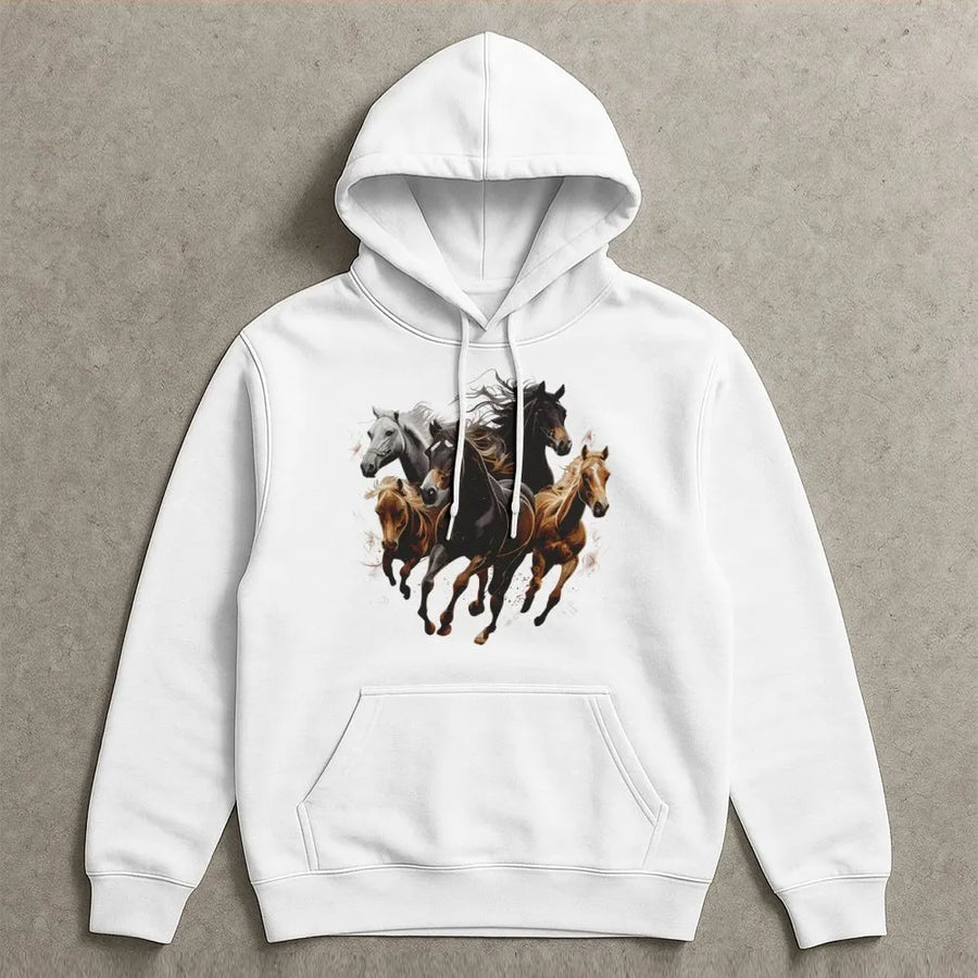 Running Horses Hoodie | Artistic Wild Equine Graphic | Premium Cotton-Poly Blend | Equestrian Gift for Horse Lovers
