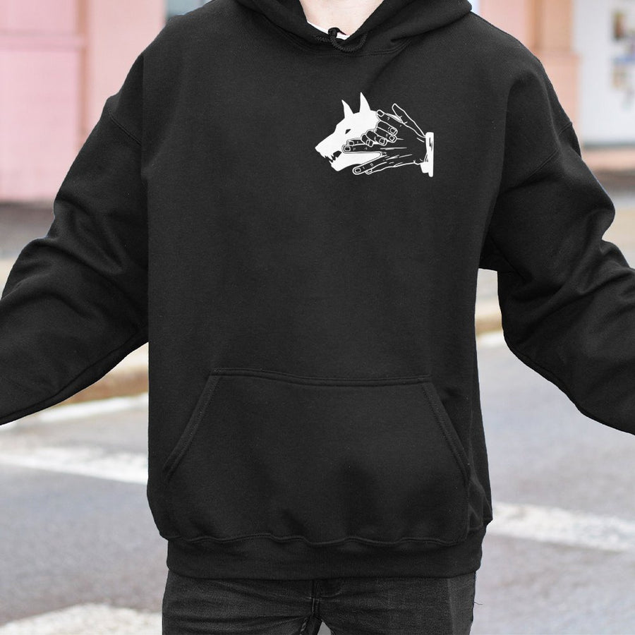 Wolf Shadow Hands Graphic Hoodie | Minimalist Wildlife Art Print | Premium Cotton-Poly Blend | Unisex Streetwear Gift for Animal Lovers