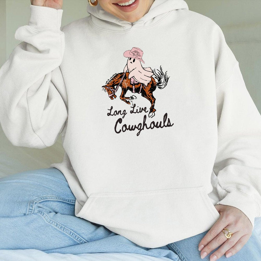 Long Live Cowghouls Hoodie | Western Ghost Cowboy Graphic | Premium Cotton Blend | Spooky Halloween Fall Gift for Women