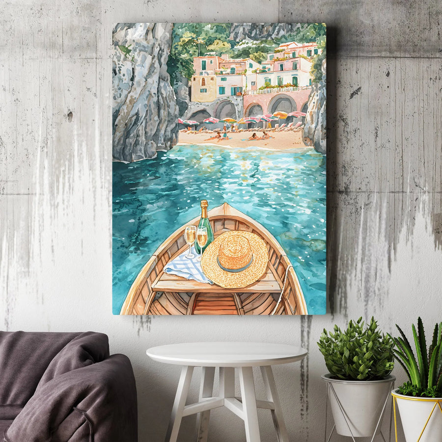 Amalfi Coast Painting Canvas | Watercolor Italian Summer Landscape | Premium Gallery Wrap Wall Art | Travel Lover Home Decor Gift