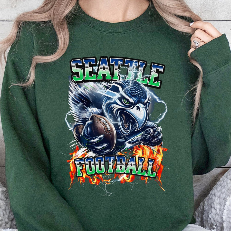 Seattle Football With Seahawks Mascot And Flames Sweatshirt
