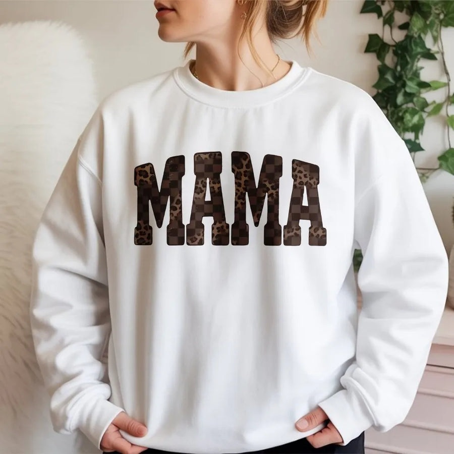 Mama Leopard Print Sweatshirt | Checkerboard Graphic Tee for Moms | Premium Soft Cotton | Mother's Day Gift for Her