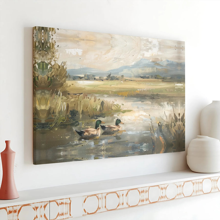 Mallard Duck Canvas Wall Art | Impressionist Pond Landscape Painting | Premium Gallery Wrapped Decor | Nature Lover Gift for Home Office