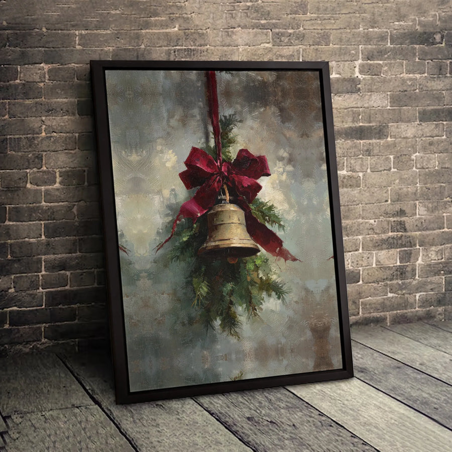 Christmas Bell Canvas Wall Art | Vintage Oil Painting Style with Red Bow | Premium Gallery-Wrapped Print | Festive Holiday Home Decor