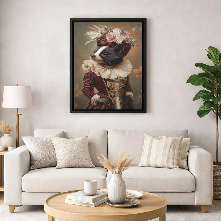 Regal Skunk Wall Art | Victorian Era Portrait in Floral Hat | Premium Gallery Wrap Canvas | Whimsical Animal Home Decor Gift