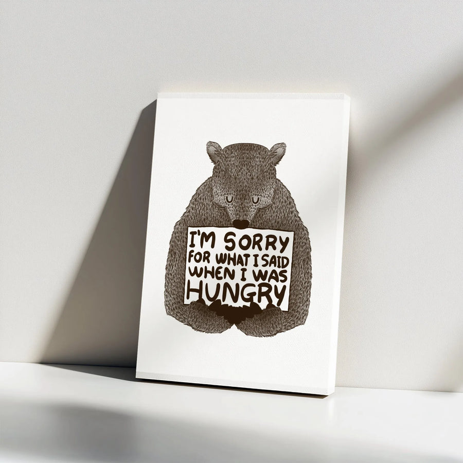 Sorry When Hungry Canvas Print | Funny Bear Quote Wall Art | Premium 1.25" Thick Profile | Unique Kitchen Decor Gift for Foodies