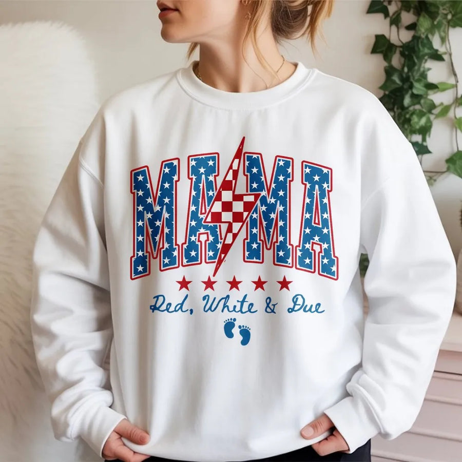 Mama Red White And Due Sweatshirt | 4th of July Pregnancy Announcement Tee | Comfort Colors Shirt | Patriotic Gift for Expecting Mom