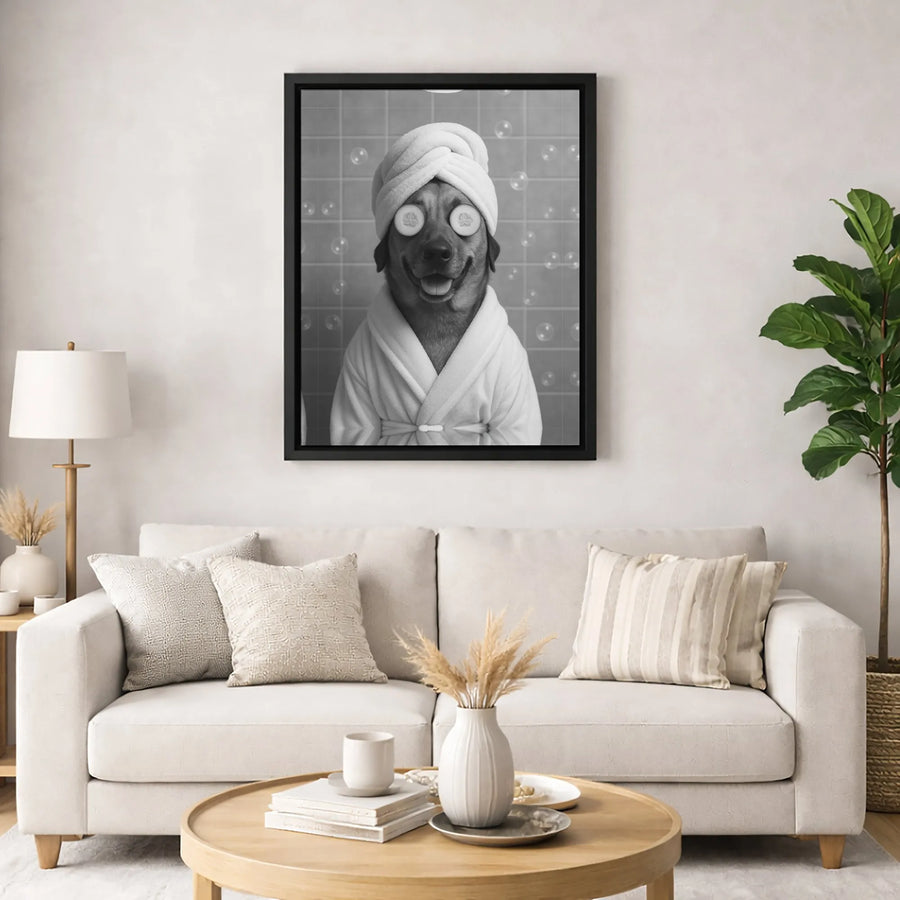 Dog Spa Day Canvas Art | Funny Bathrobe Puppy Portrait | Premium Gallery Wrap Wall Decor | Cute Bathroom Animal Home Gift