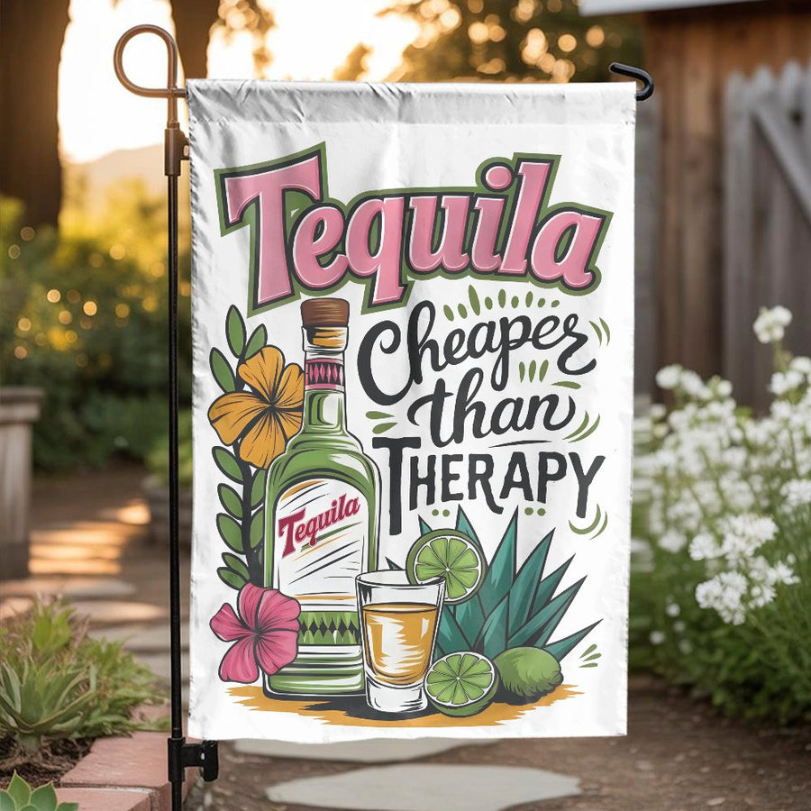 Tequila Garden Flag | Cheaper Than Therapy Funny Yard Decor | Weather-Resistant Polyester | Summer Patio Party Gift