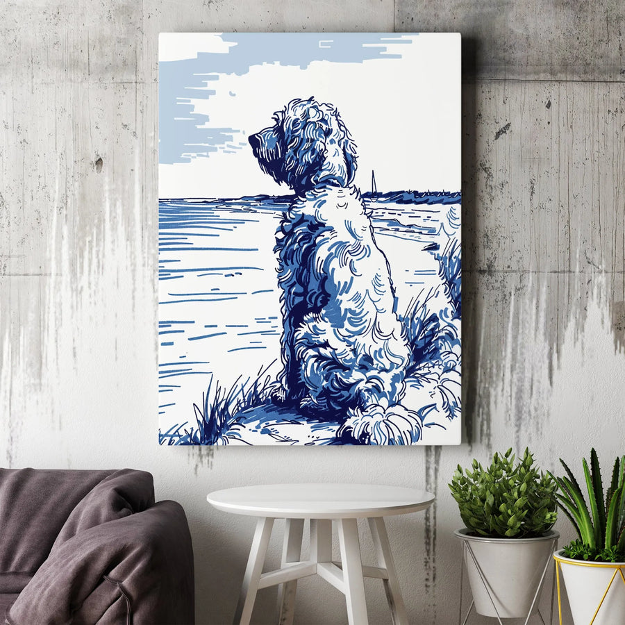 Coastal Doodle Dog Wall Art | Blue Line Art Nautical Decor | Premium Gallery-Wrapped Canvas | Gift for Dog Lovers & Beach House Decor