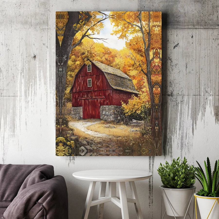 Rustic Red Barn Canvas Art | Autumn Forest Landscape Wall Decor | Premium Fade-Resistant Print | Country Farmhouse Home Gift