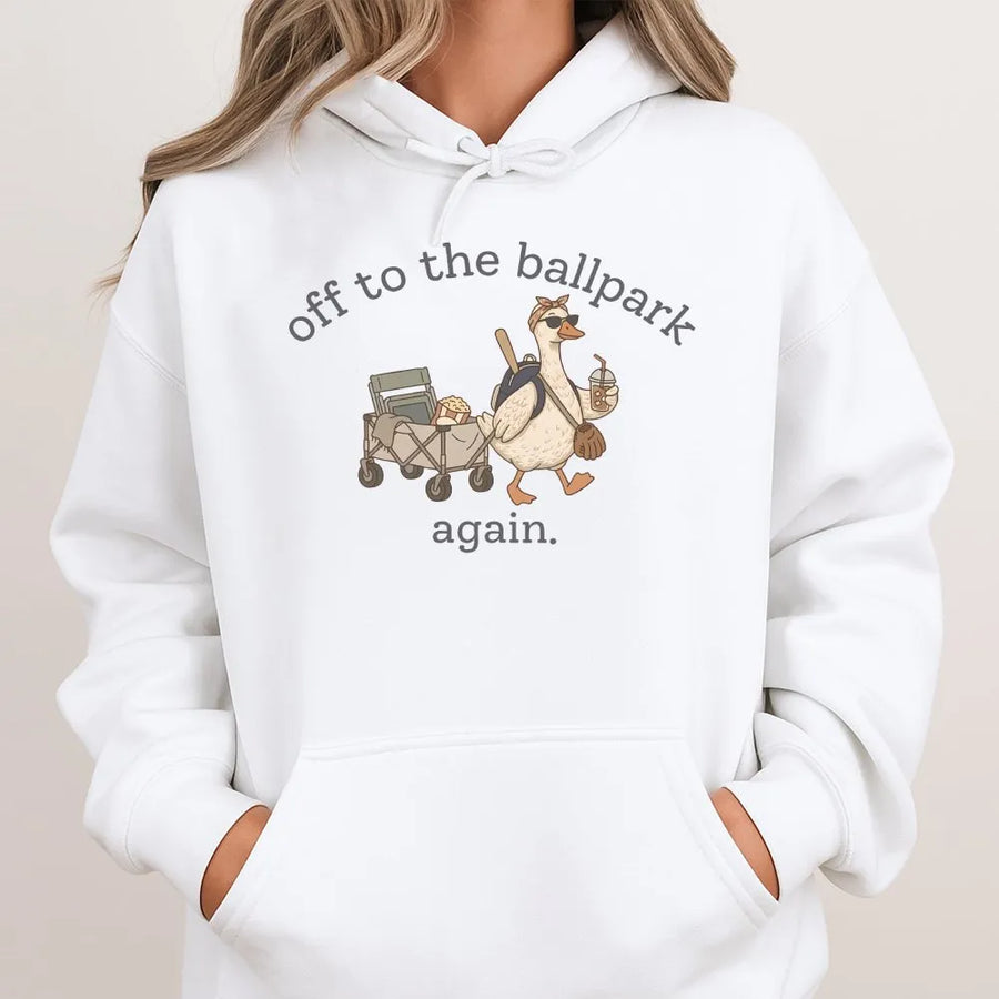 Funny Baseball Mom Hoodie | Off to the Ballpark Again Goose Graphic | Premium Cotton Blend | Gift for Softball Mama