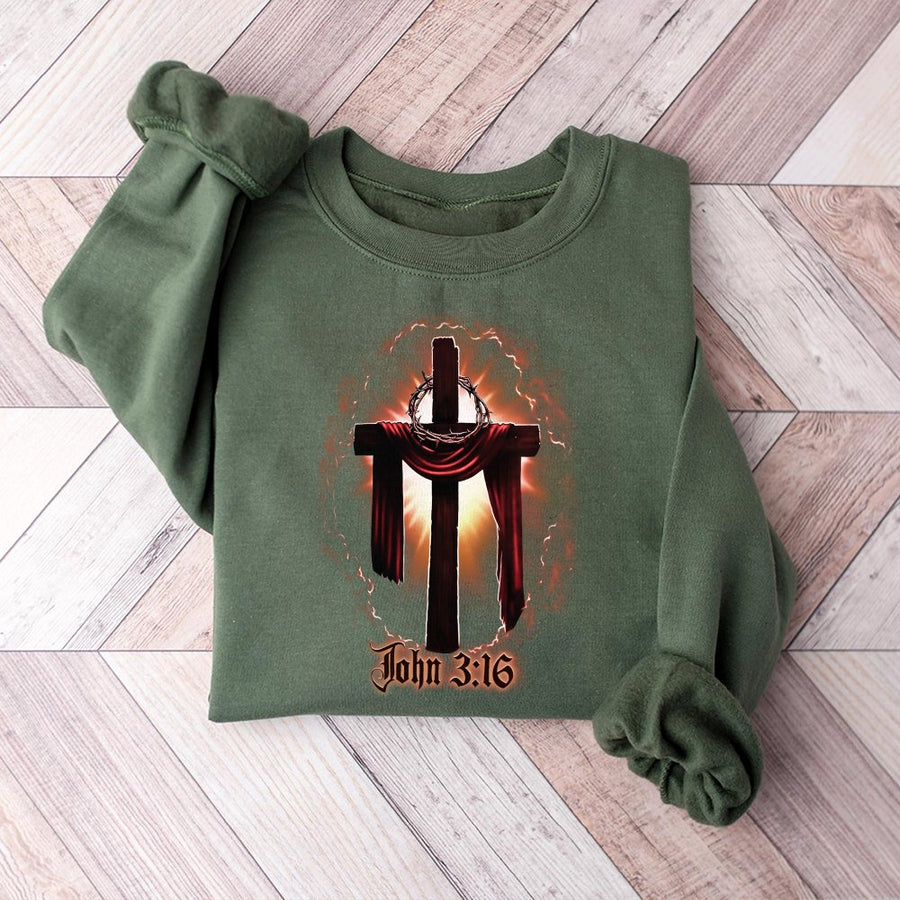 John 3:16 Cross Sweatshirt | Religious Faith Graphic Print | Premium Cotton Blend Crewneck | Christian Gift for Men and Women