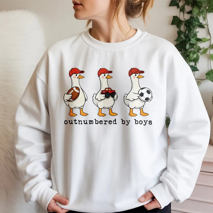 Funny Boy Mom Sweatshirt | Outnumbered By Boys Goose Graphic | Premium Cotton Blend | Mothers Day Gift for Mama