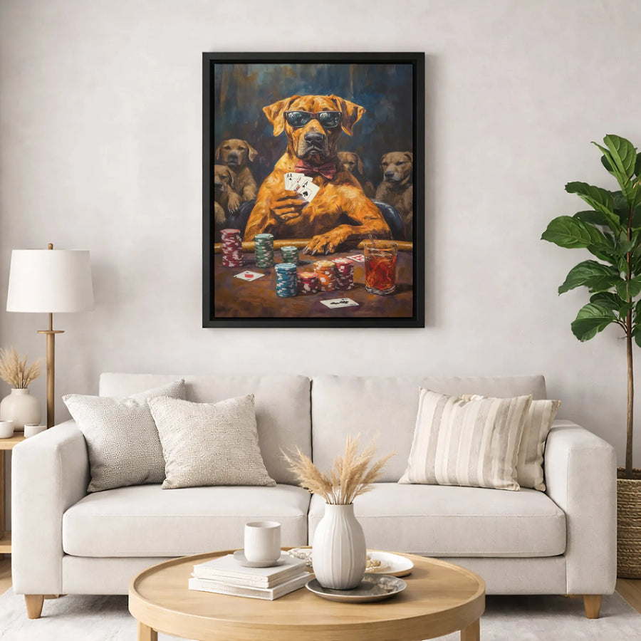Dogs Playing Poker Canvas Wall Art | Funny Gambling Dog Print | 1.25-Inch Gallery Wrapped Premium Canvas | Man Cave Poker Room Decor Gift