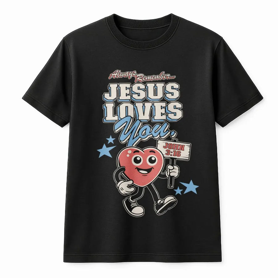 Jesus Loves You T-Shirt | Retro Cartoon Heart Graphic Tee | Premium Cotton Christian Apparel | Faith-Based Religious Easter Gift For Believers