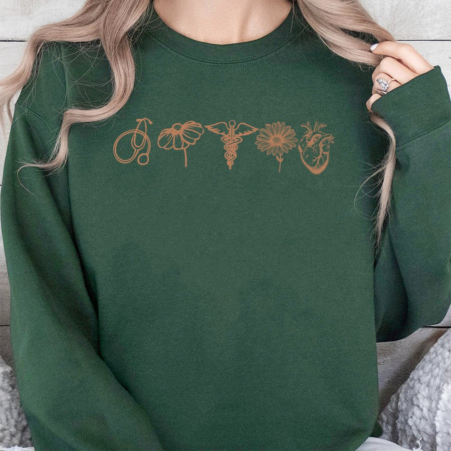 Nurse Sweatshirt | Floral Medical Icon Graphic | Soft Cotton Blend Crewneck | Gift for Doctor RN Student Nursing Graduation