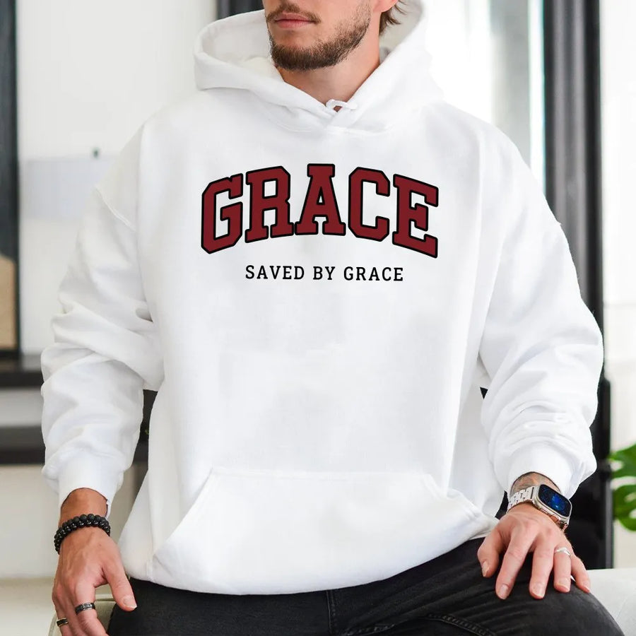 Grace Christian Hoodie | Saved By Grace Vintage Faith Apparel | Premium Cotton Blend | Unisex Religious Gift for Men & Women