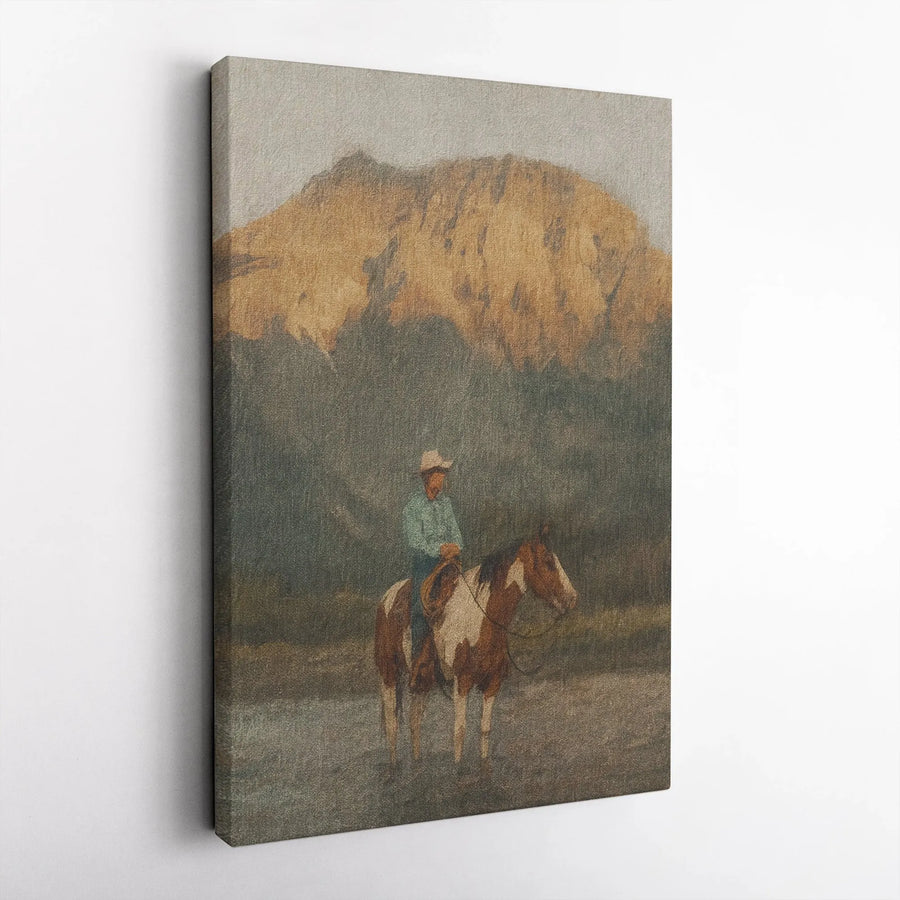 Cowboy Canvas Wall Art | Vintage Western Lone Rider on Horse Painting | Premium Textured Canvas Print | Rustic Home & Ranch Decor Gift