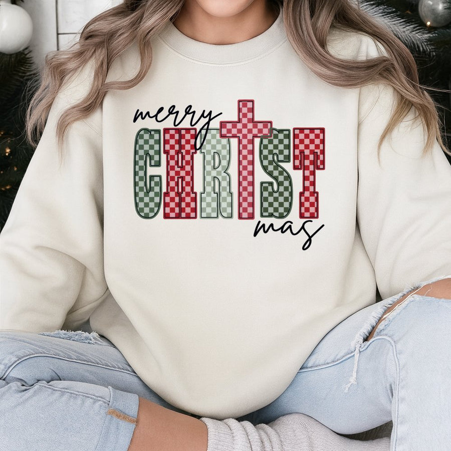 Merry Christ-mas Sweatshirt | Religious Plaid Cross Graphic | Premium Cotton Blend | Christian Holiday Gift for Men and Women