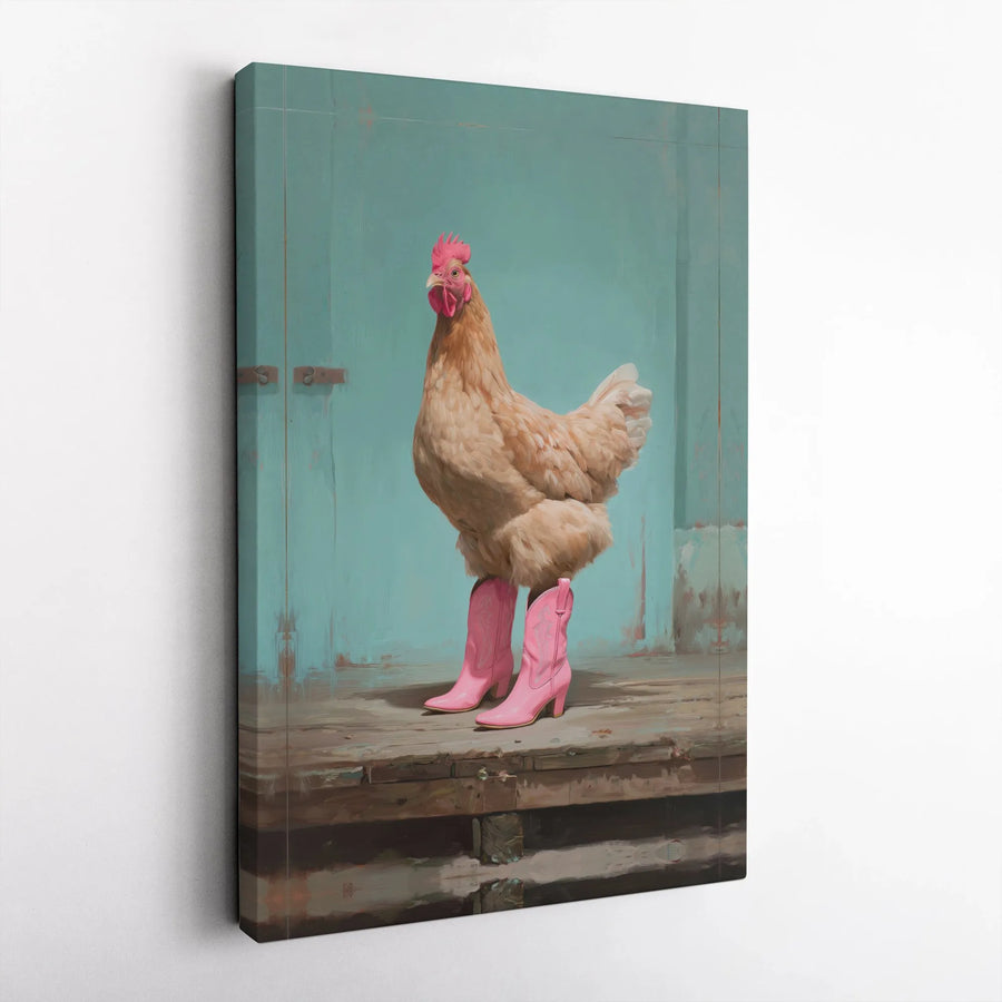 Chicken In Pink Cowboy Boots Canvas Print | Whimsical Farmhouse Wall Art | Gallery Quality Premium Canvas | Funny Country Decor Gift for Her