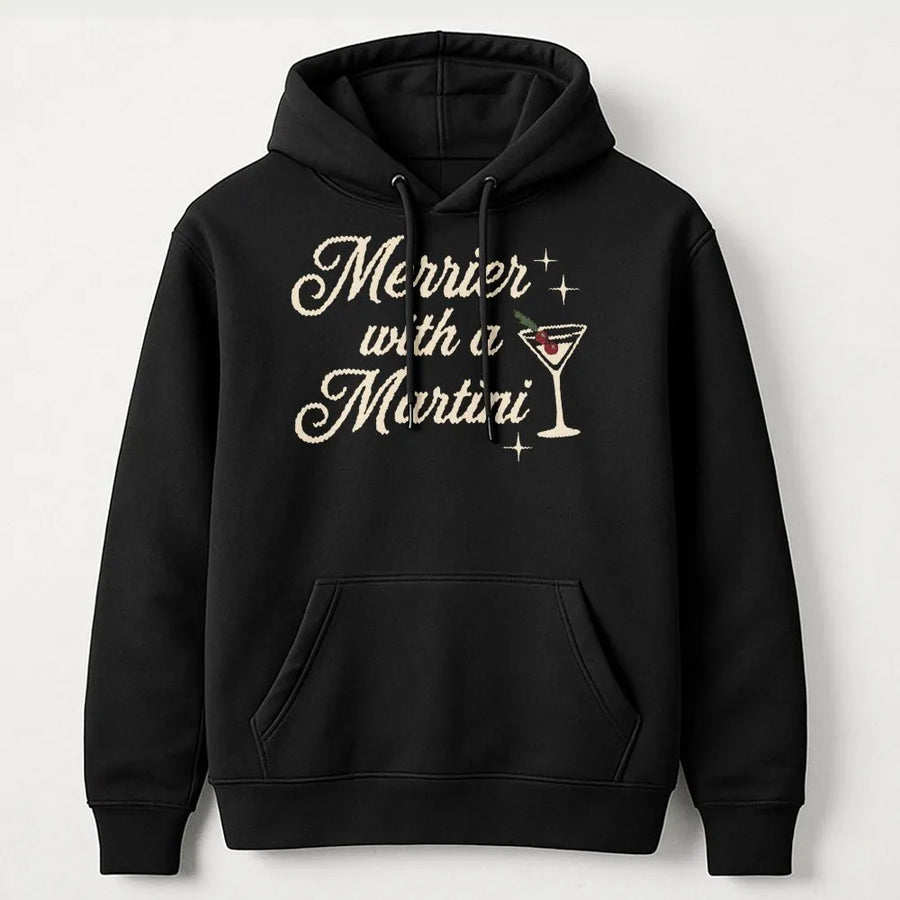 Merrier With A Martini Hoodie | Festive Holiday Cocktail Graphic | Premium Cotton Blend | Funny Christmas Party Gift for Women
