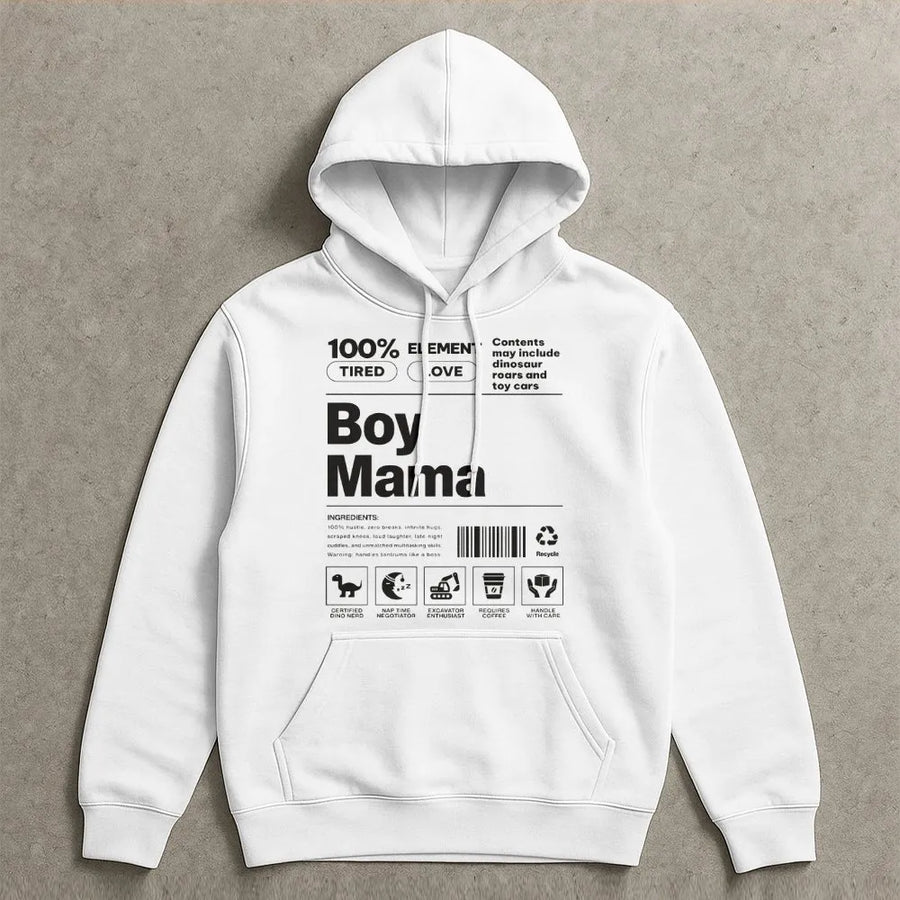 Boy Mama Hoodie | Funny Nutrition Facts Label Graphic | Soft Cotton Blend Unisex Pullover | Perfect Mother's Day 2026 Gift for Mom of Boys