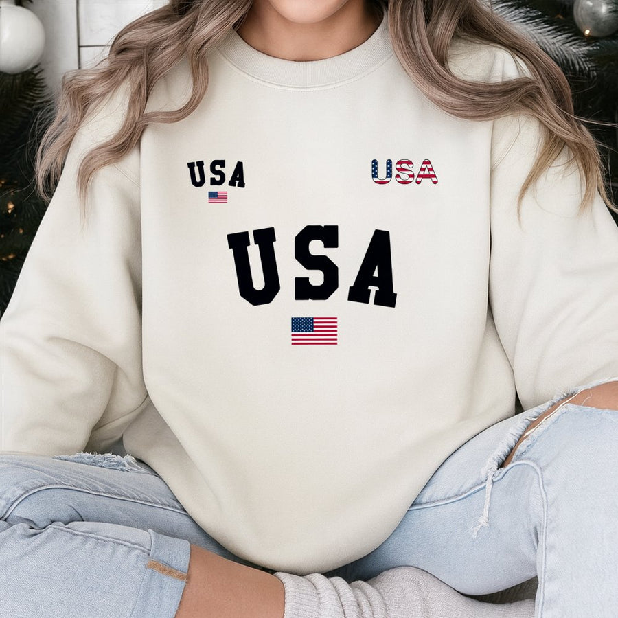 USA Flag Sweatshirt | Patriotic American Graphic Print | Unisex Cotton Blend Crewneck | Independence Day Holiday Gift for Men and Women