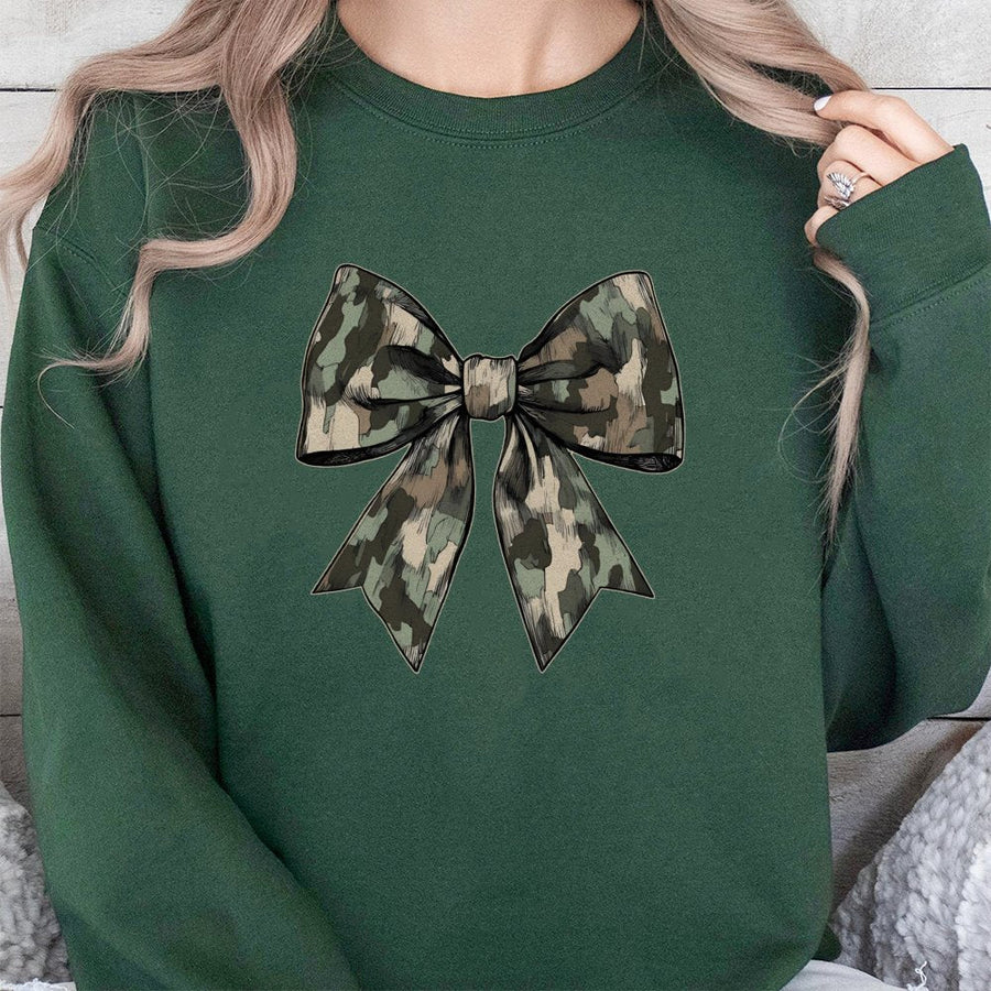 Camo Bow Sweatshirt | Trendy Camouflage Graphic Print | Cotton Blend Soft Crewneck | Cute Fall Hunting Aesthetic Gift For Her