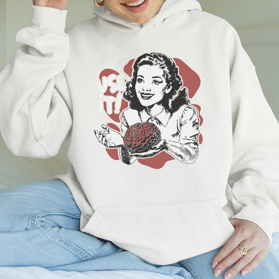Use It Brain Hoodie | Retro 1950s Ad Parody Graphic | Premium Cotton Blend | Sarcastic Gift for Thinkers and Intellectuals