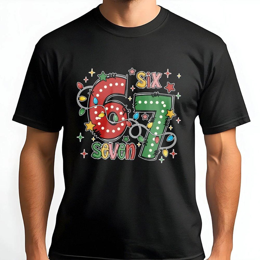 67 Birthday Christmas T-Shirt | Holiday Lights Festive Number Graphic | Premium Soft Cotton Tee | Funny Xmas Party Gift for Kids and Adults