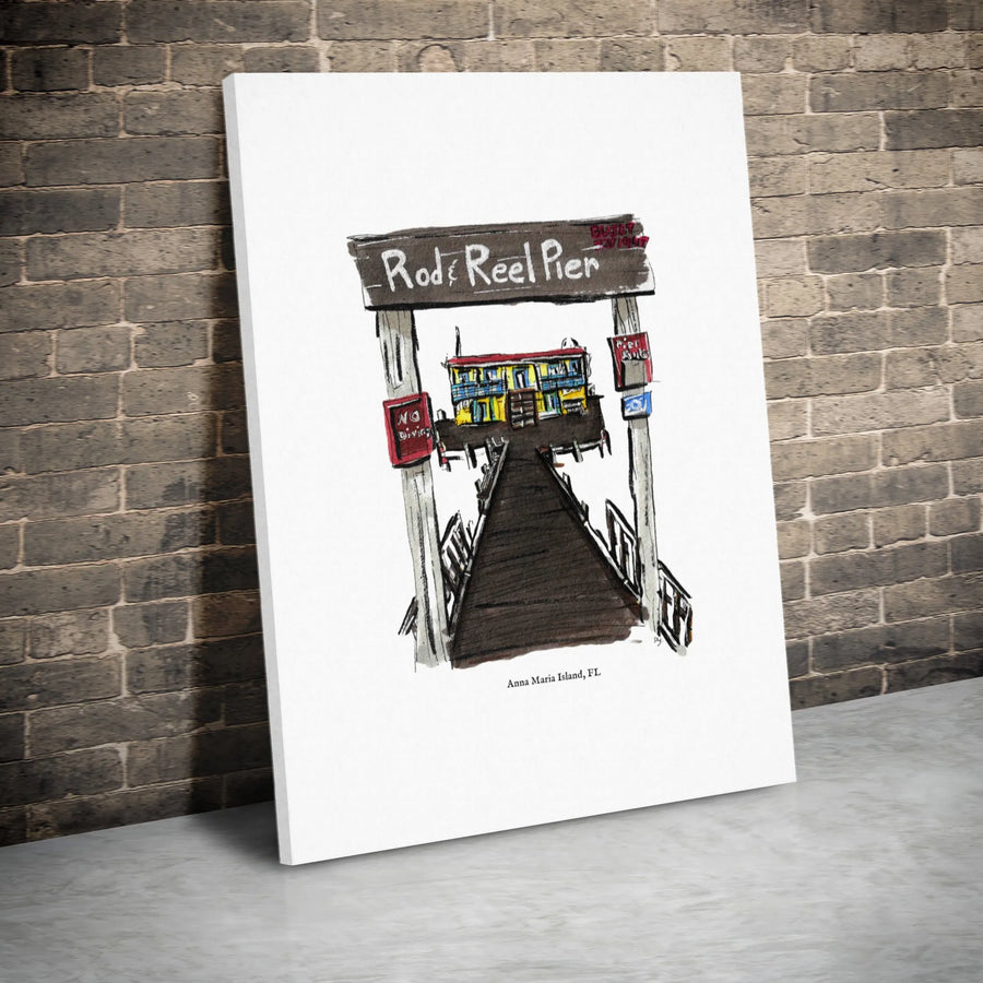 Rod & Reel Pier Wall Art | Anna Maria Island Florida Illustration | Premium Gallery Canvas | Coastal Home Decor Gift for Beach Lovers