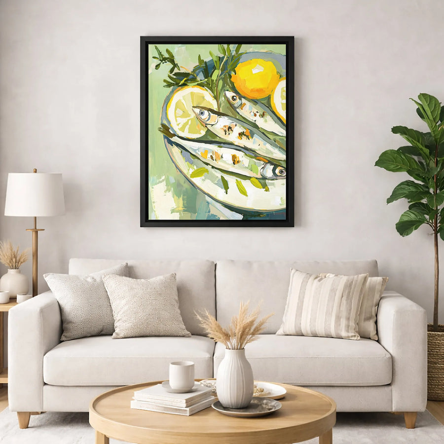 Sardines Still Life Canvas Wall Art | Impressionist Lemon and Herb Kitchen Decor | Premium 1.25" Gallery Wrap | Mediterranean Foodie Gift