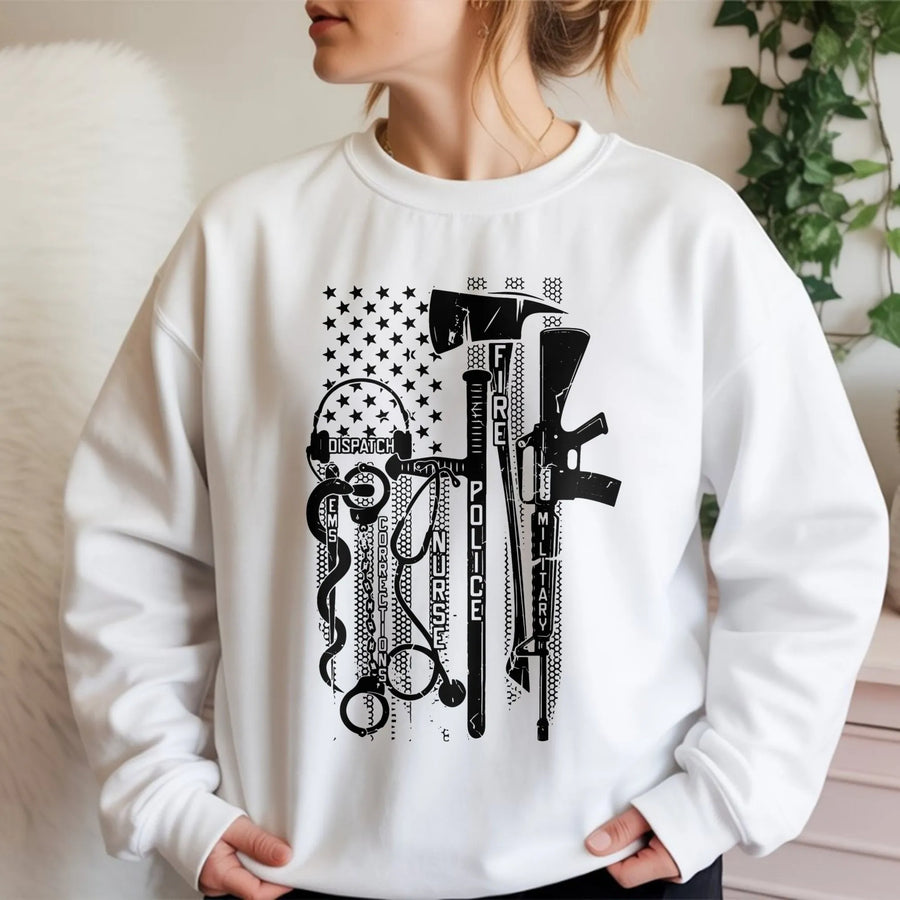 First Responder Flag Sweatshirt | Patriotic Fire Police EMS Military Graphic | Premium Cotton Blend Fleece | Gift for Heroes and Supporters