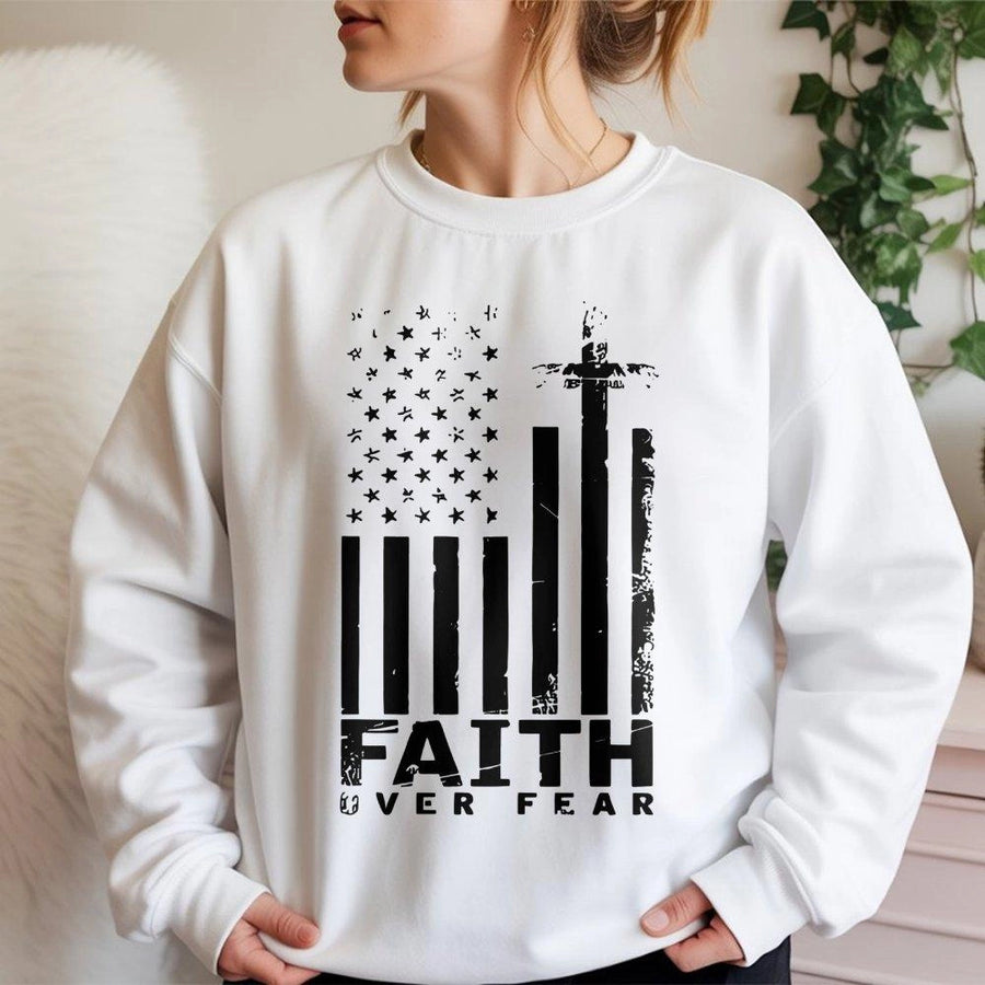 Faith Over Fear Sweatshirt | American Flag Cross Graphic | Premium Cotton Blend | Patriotic Christian Gift for Men and Women