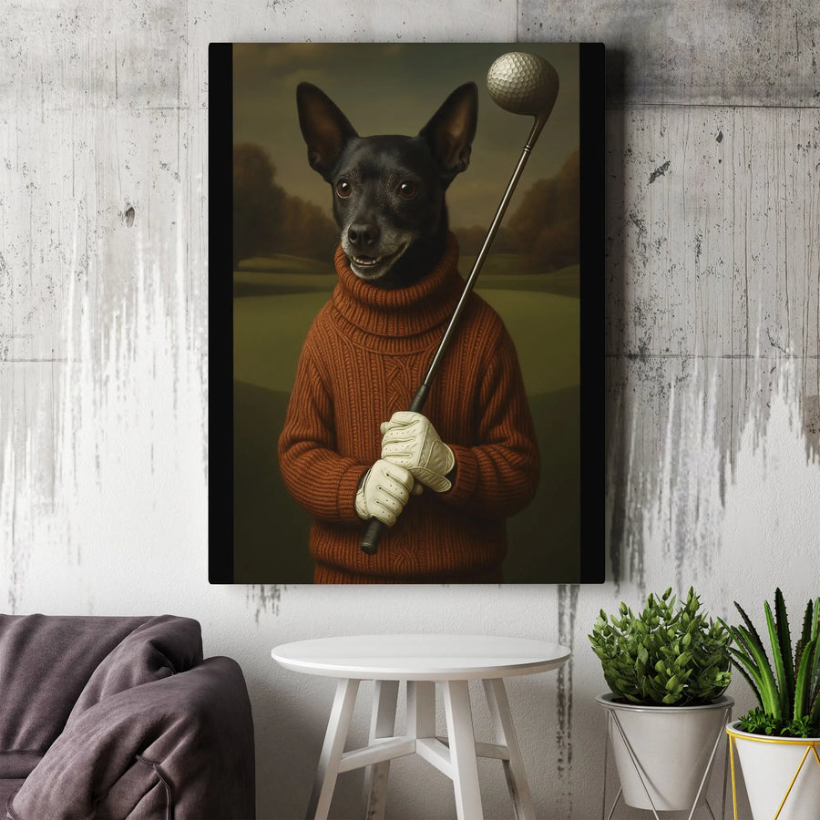 Dog Golfer Canvas Wall Art | Vintage Portrait with Golf Club | Premium Gallery Wrap Decor | Unique Golf Gift for Him