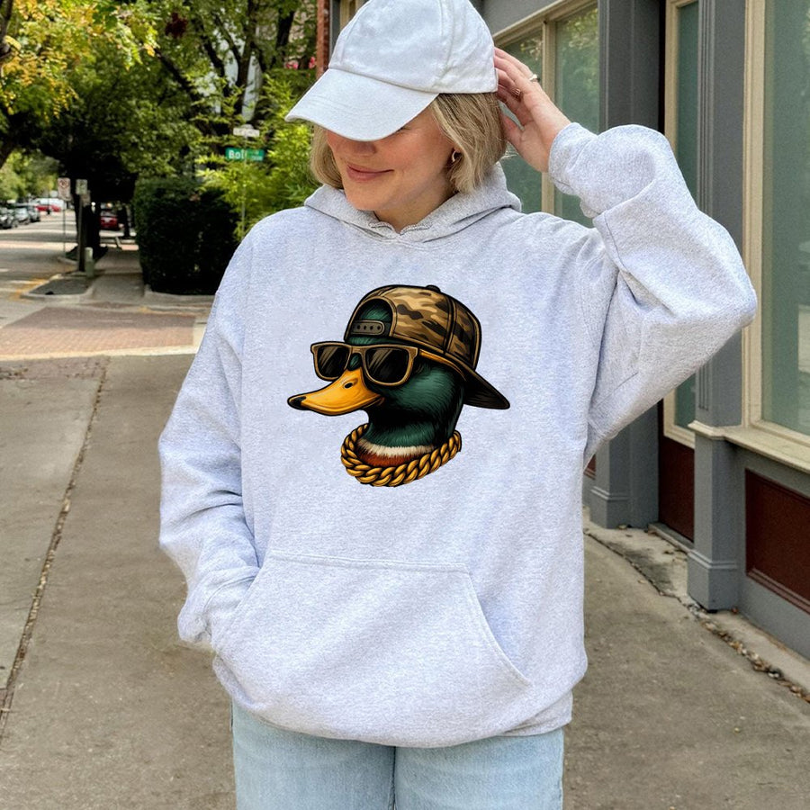Cool Duck Graphic Hoodie | Urban Mallard With Sunglasses & Camo Hat | Cotton-Blend Premium Quality | Funny Streetwear Gift For Duck Hunters