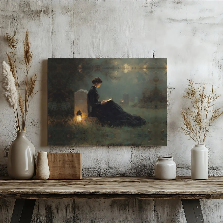 Gothic Graveyard Canvas Print | Woman Reading by Lantern Light | Gallery-Quality 1.25" Profile | Moody Dark Academia Wall Art Decor