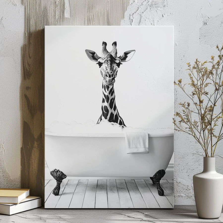 Giraffe in Bathtub Canvas Wall Art | Funny Animal Bathroom Decor | Premium Gallery Wrapped Print | Whimsical Home Decor Gift for Animal Lovers