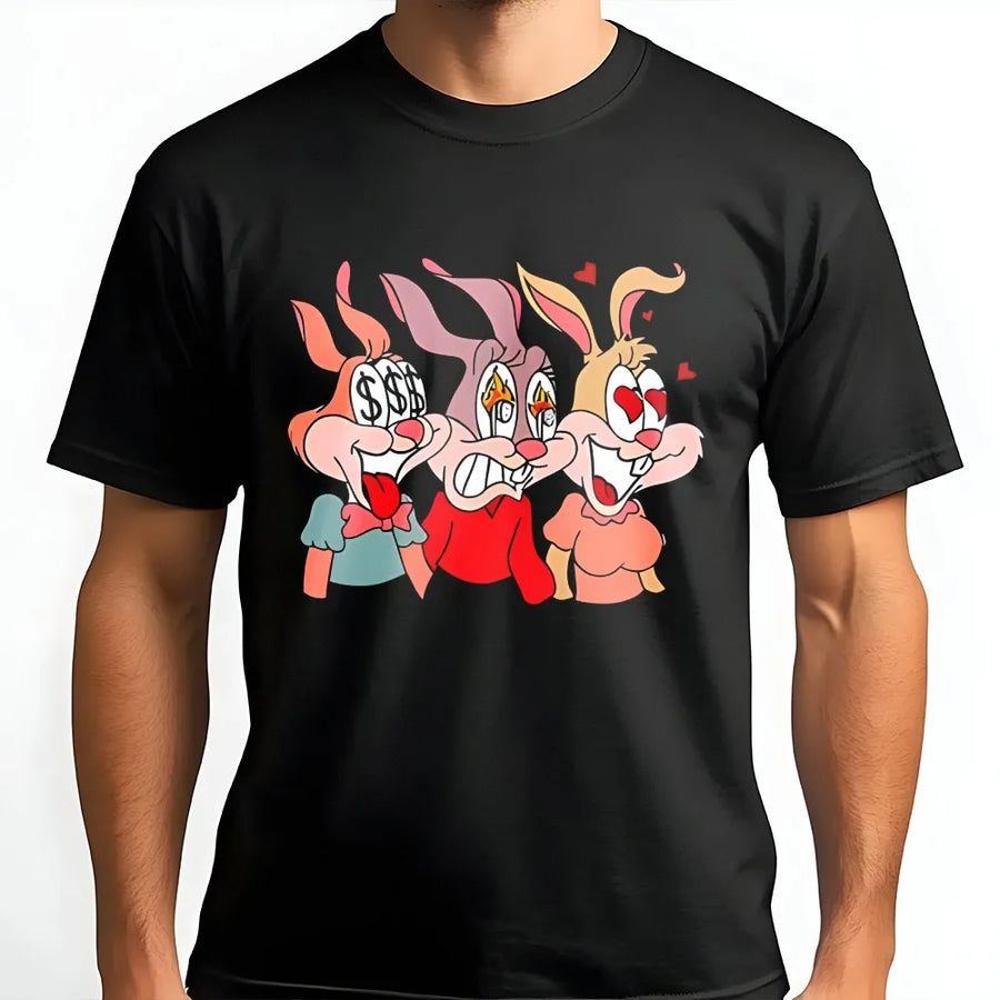 Cartoon Rabbit Graphic T-Shirt | Money Eyes Love Heart Retro Aesthetic | Premium 100% Cotton Tee | Urban Streetwear Unisex Gift