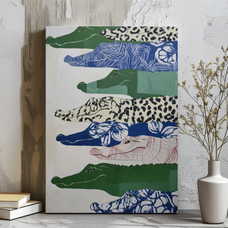 Stacked Alligator Canvas Wall Art | Colorful Wildlife Patterned Collage | Gallery Wrapped Premium Decor | Modern Animal Lover Gift