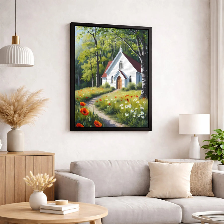 White Chapel Forest Painting | Wildflower Meadow Landscape Wall Art | Gallery Quality Premium Canvas | Serene Christian Home Decor Gift