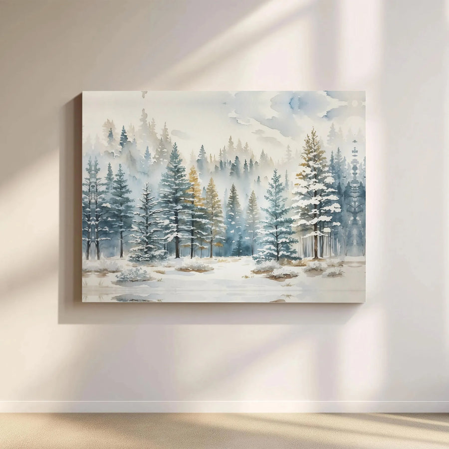 Winter Forest Canvas Wall Art | Snowy Pine Tree Watercolor Print | 1.25" Gallery Wrap Premium Decor | Nature Landscape Gift For Home Office