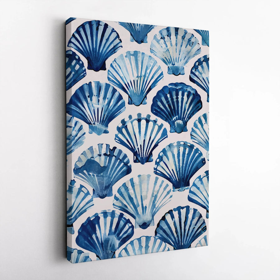 Blue Seashell Canvas Wall Art | Watercolor Scallop Shell Pattern | Premium Gallery-Wrapped Print | Coastal Beach House Decor