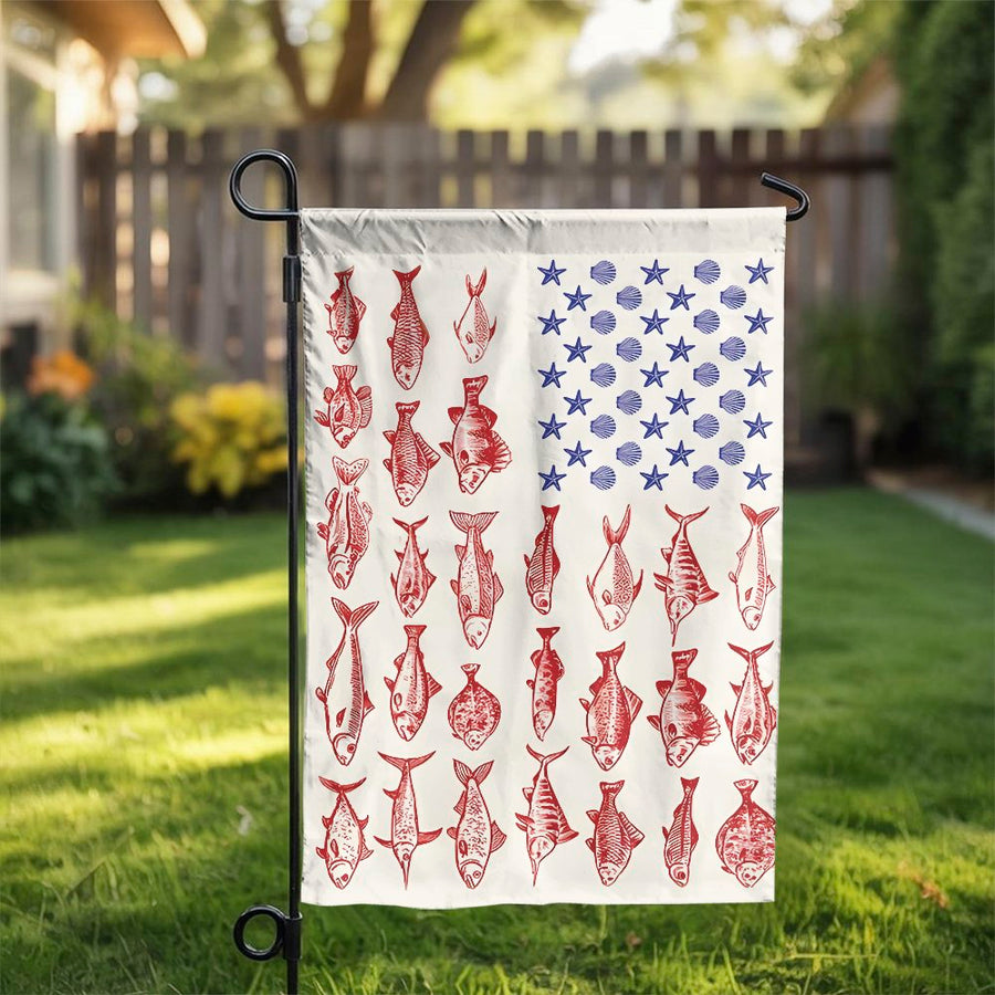 Fishing American Flag Garden Flag | Nautical Patriotic Fish and Seashell Design | Weather-Resistant Polyester | Coastal Independence Day Decor Gift