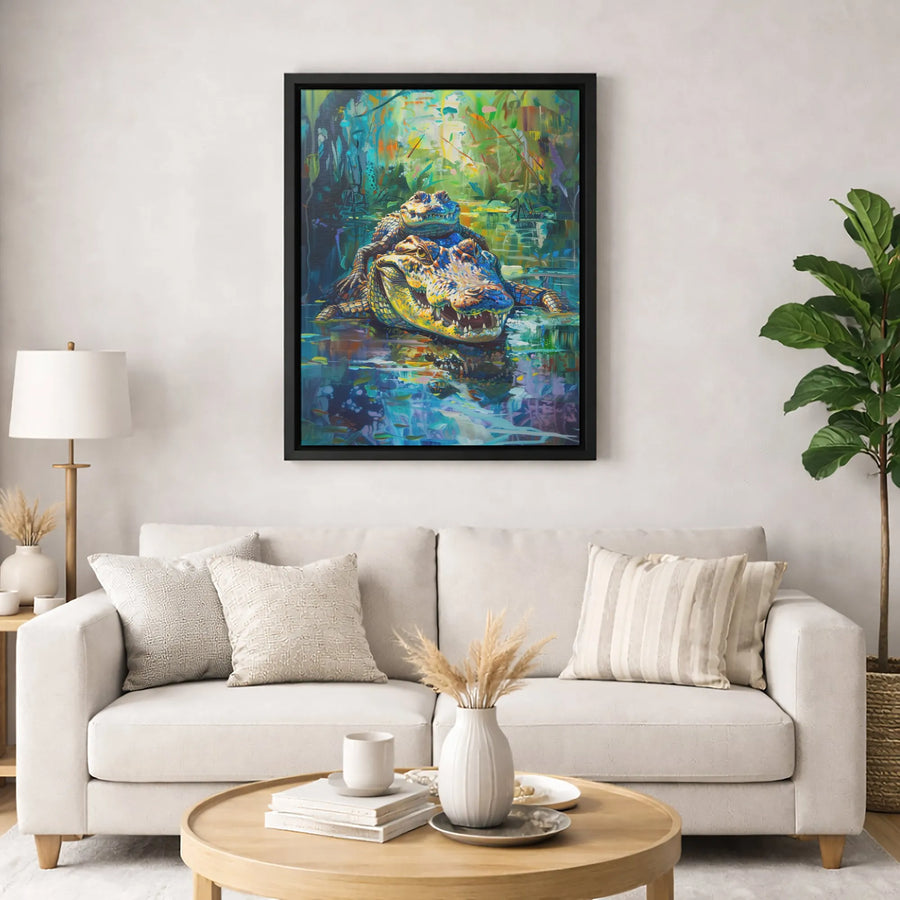 Alligator Family Wall Art | Colorful Abstract Swamp Painting | Premium Gallery-Wrapped Canvas | Animal Lover Home Decor Gift